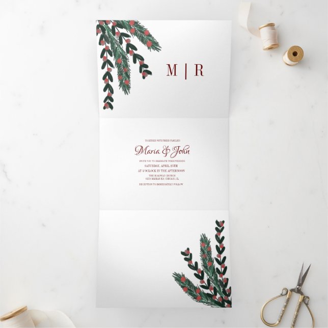Convite Com Dobra Tripla Noiva de Natal Botânica Gouache Casamento (Dentro)