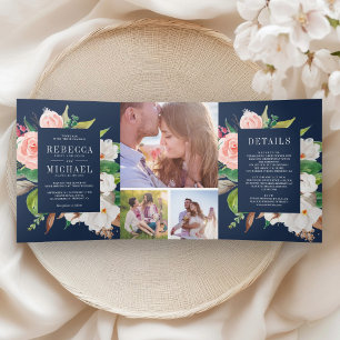 Convite Com Dobra Tripla Noiva Floral Azul Naval Rosa Bege Magnólia Branca