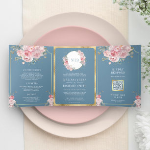 Convite Com Dobra Tripla Noiva Floral Rosa Bege Azul em Um