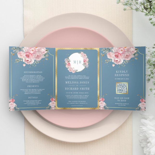 Convite Com Dobra Tripla Noiva Floral Rosa Bege Azul em Um (Criador carregado)