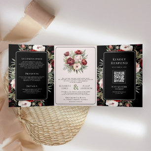 Convite Com Dobra Tripla Noiva Floral Rosa Bege Borgonha Casamento Moody Pr