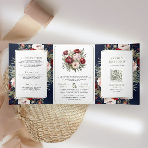 Convite Com Dobra Tripla Noiva Floral Rosa Bege Borgonha Tudo em Um Casamen
