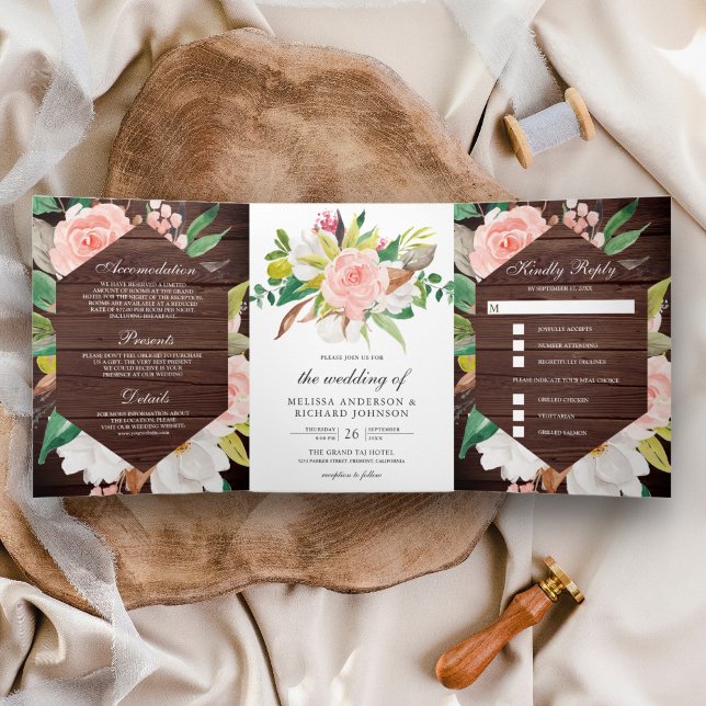 Convite Com Dobra Tripla Noiva Floral Rosa Bege Magnólia Branca Madeira Cel (Criador carregado)