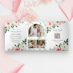Convite Com Dobra Tripla Noiva Floral Rosa Choque Código QR Tudo em Um Casa
