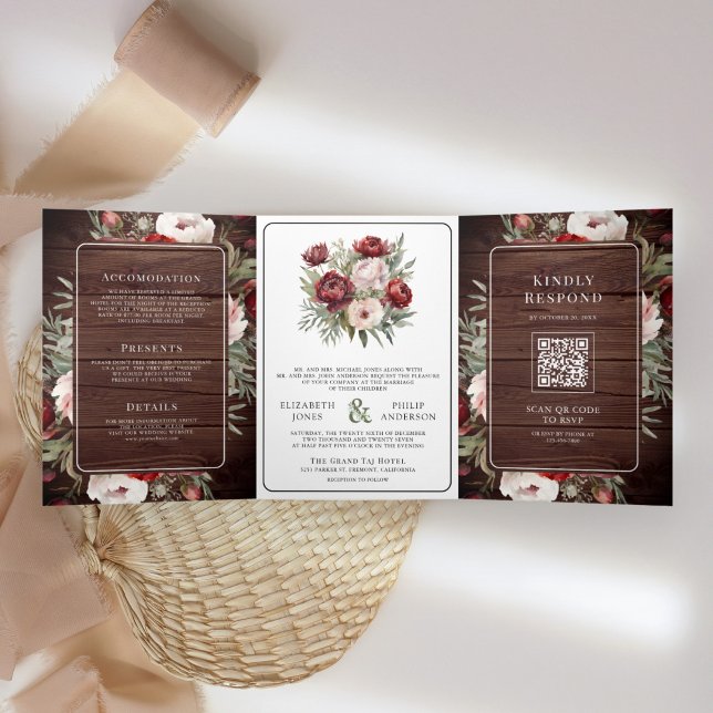 Convite Com Dobra Tripla Noiva Floral Rústica de Madeira Rosa Bege Borgonha (Criador carregado)