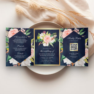 Convite Com Dobra Tripla Noivado Código QR Floral Rosa Bege Azul Marinho Do