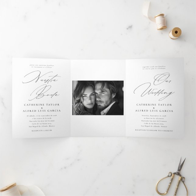 Convite Com Dobra Tripla Nuestra Boda Casamento Bilíngue Espanhol (Dentro)