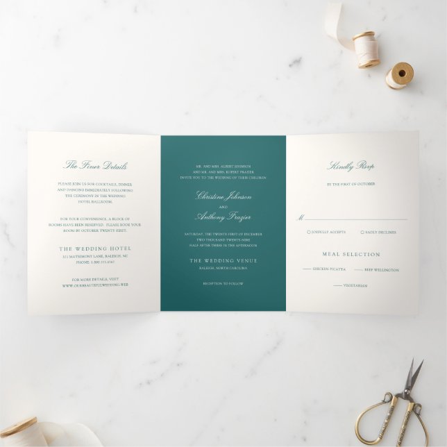 Convite Com Dobra Tripla Old Money Teal Classic Wedding (Dentro)