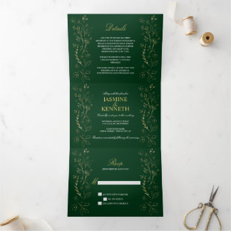 Convite Com Dobra Tripla Ornamentado Dourado de Suavização Floral no Casame