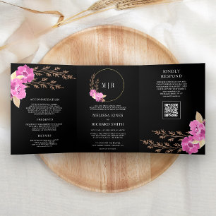 Convite Com Dobra Tripla Orquídea Floral Rosa Magenta Código QR Casamento P