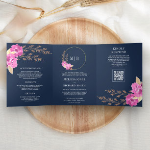 Convite Com Dobra Tripla Orquídea Rosa Magenta Floral Código QR Casamento A