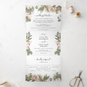 Convite Com Dobra Tripla Orquídeas Chic Boho e Casamento de Folhas Secas Tr