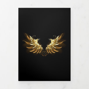Convite Com Dobra Tripla Ouro Angel Wings sobre fundo preto