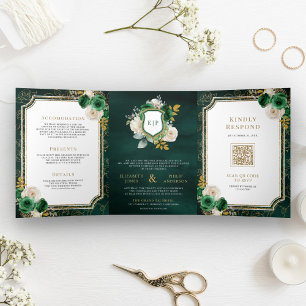 Convite Com Dobra Tripla Ouro Floral Verde Esmeralda Tudo em Um Crest Casam