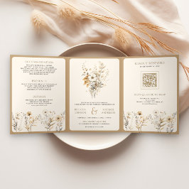 Convite Com Dobra Tripla Outono Boho Foto Código QR Flor Silvestre Casament