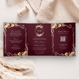 Convite Com Dobra Tripla Outono Código QR de Flor Silvestre Crista Bordô Ca
