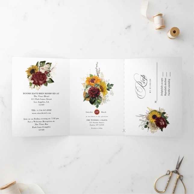 Convite Com Dobra Tripla Outono Rústico - Casamento Floral de Outono (Dentro)