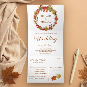 Convite Com Dobra Tripla Outono Rustico País Folhas Coroa Casamento