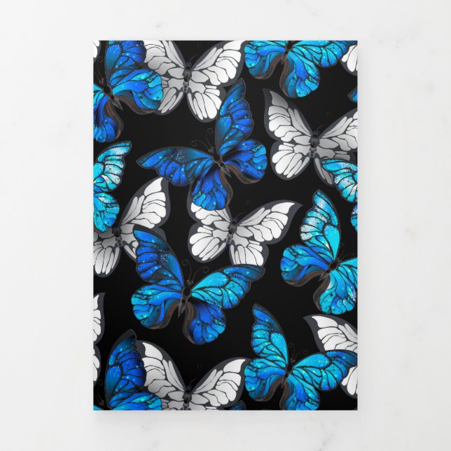 Convite Com Dobra Tripla Padrão contínuo escuro com borboletas azuis Morpho (Cobrir)