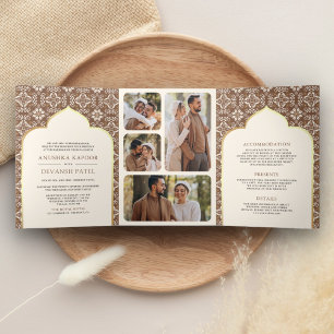 Convite Com Dobra Tripla Padrão Marrom de Marfim Tudo em Um Casamento India