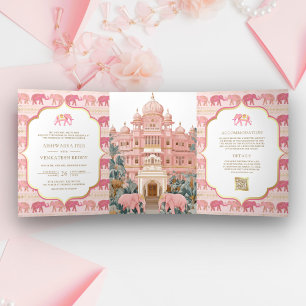 Convite Com Dobra Tripla Palácio Indiano Elefante Rosa e Dourado Foto Casam