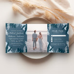 Convite Com Dobra Tripla Palma Tropical Azul Dusty Sai Tudo em Um Casamento<br><div class="desc">Incêndio aos seus convidados com este elegante convite de casamento que inclui a tipografia moderna num fundo foliar. Basta adicionar os detalhes do seu evento neste modelo fácil de usar e enfeitar este cartão com a sua foto favorita para torná-lo um convite único.</div>
