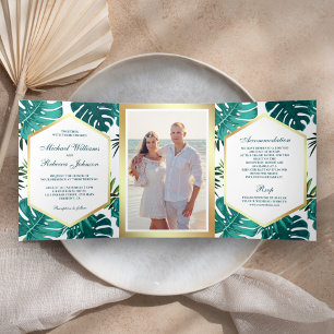Convite Com Dobra Tripla Palma Tropical de Teal Branco Monstera Sai do Casa