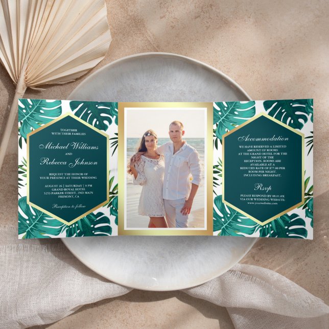 Convite Com Dobra Tripla Palma Tropical Verde Teal Monstera Deixa Casamento (Criador carregado)