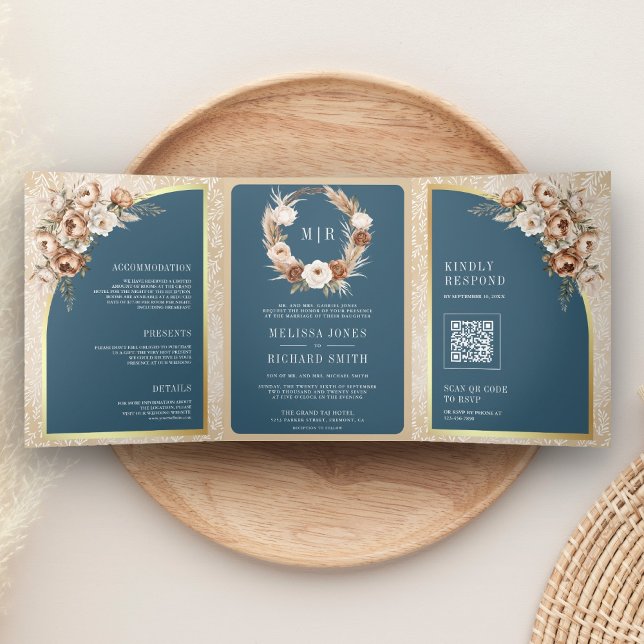 Convite Com Dobra Tripla Pampas Beige Earthy Floral Dusty Blue Wedding (Criador carregado)