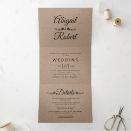 Convite Com Dobra Tripla Papel kraft para tipografia preta, casamento russo