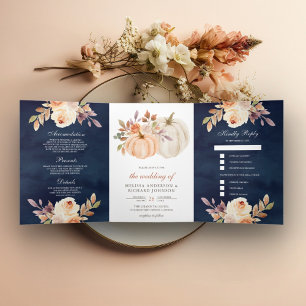 Convite Com Dobra Tripla Peach Desbotada Floral Abóbora Azul Marinho Casame