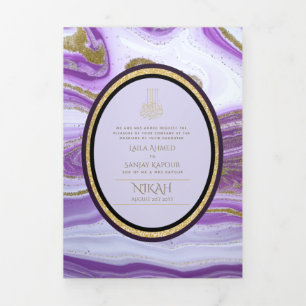 Convite Com Dobra Tripla Pg NIKAH WALIMA Purple Dourado Marble Agate Glitte