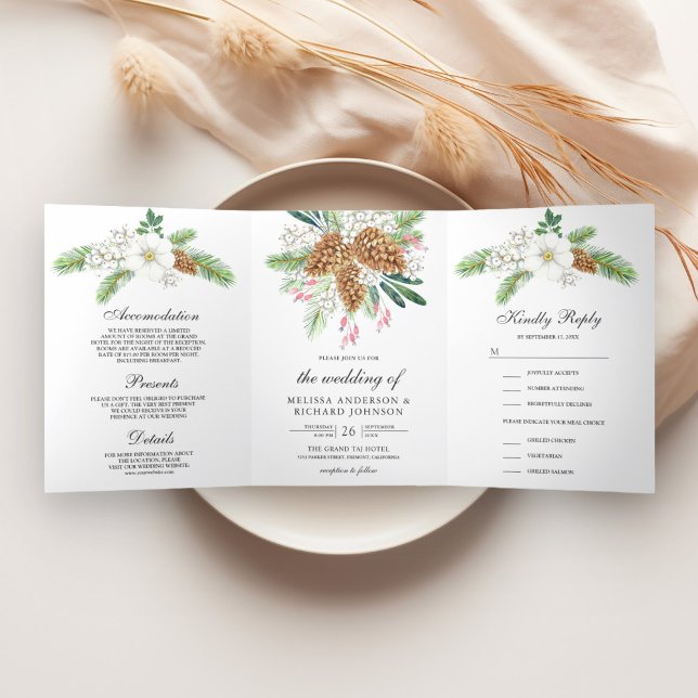 Convite Com Dobra Tripla Pinhas com Frutas Brancas 3 em 1 Natal Casamento  (Criador carregado)