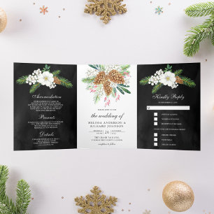 Convite Com Dobra Tripla Pinhas com Frutas Brancas Natal Casamento Preto