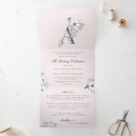 Convite Com Dobra Tripla Pink 'A' Monograma Belo Desenho Casamento Floral