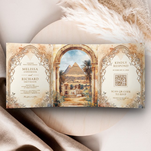 Convite Com Dobra Tripla Pirâmides Egípcias Antigas Arch Tudo em Um Casamen (Criador carregado)