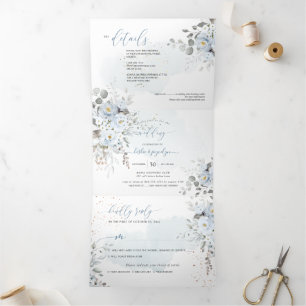 Convite Com Dobra Tripla PixDezines Rosas Rustic Dusty Azul Eucalyptus