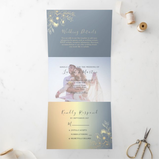 Convite Com Dobra Tripla Pó Azul Dourado Floral Foto Casamento (Dentro)