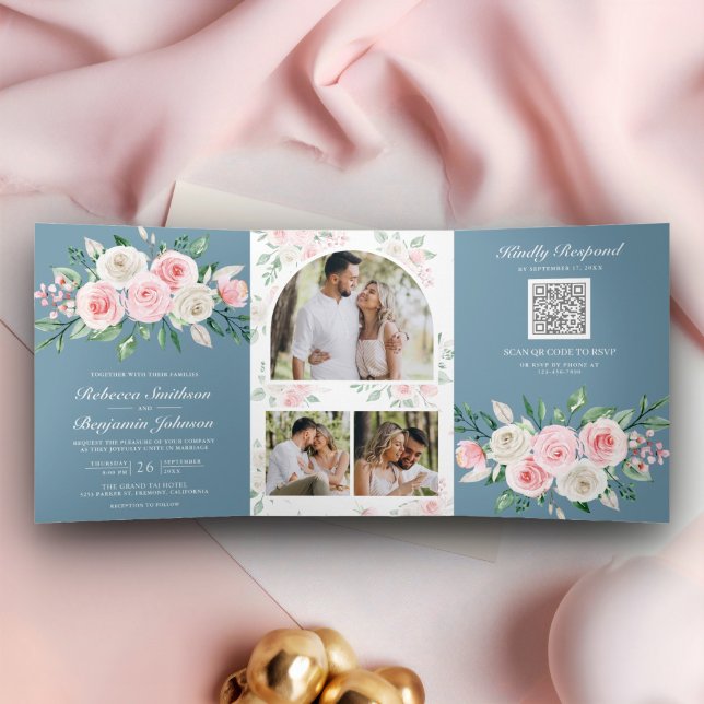 Convite Com Dobra Tripla Pó Floral Rosa Bege Azul Código QR Casamento (Criador carregado)