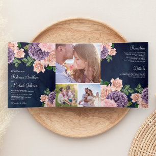 Convite Com Dobra Tripla Pó Rústico Rosa Floral Roxo Azul Marinho Casamento