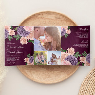 Convite Com Dobra Tripla Poeira Rústica Rosa Floral Roxo Ameixa Casamento