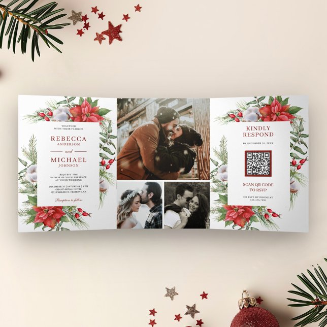 Convite Com Dobra Tripla Poinsettia Rústica Código QR Casamento de Natal (Criador carregado)