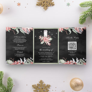 Convite Com Dobra Tripla Poinsettia Vela de Natal Código QR Preto Casamento