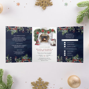Convite Com Dobra Tripla Poinsettia Vermelha Lareira Natal Casamento Azul M