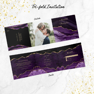 Convite Com Dobra Tripla Praça de Casamento de Fotos Douradas de Agitaçã