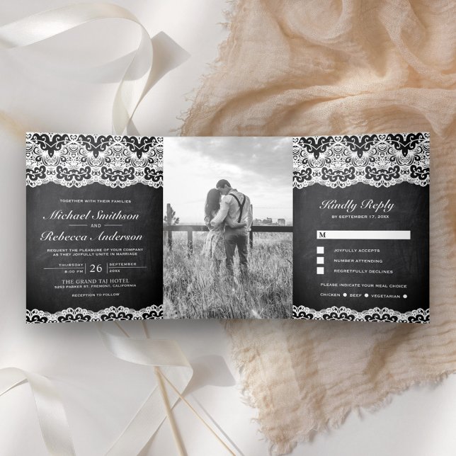 Convite Com Dobra Tripla Preto Chalkboard Country Lace All in One Wedding (Criador carregado)