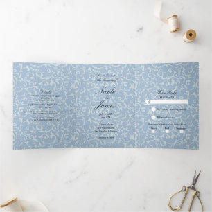 Convite Com Dobra Tripla Princesa Redemoinho Azul Cinza Elegante Casamento 
