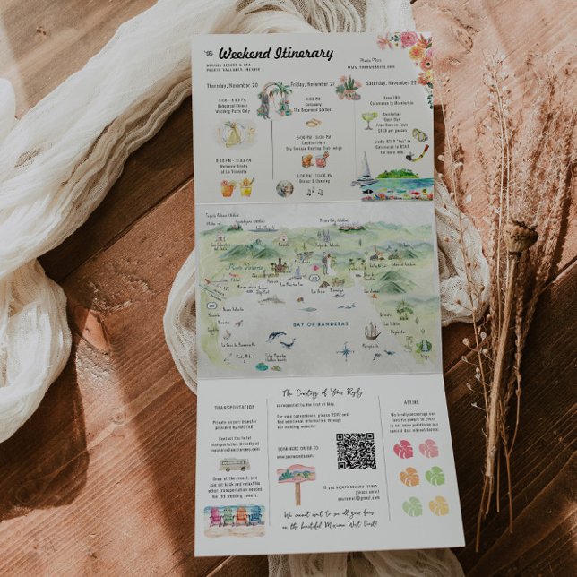 Convite Com Dobra Tripla Puerto Vallarta Watercolor Wederary (Criador carregado)