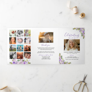 Convite Com Dobra Tripla Purple Floral Funeral Memorial