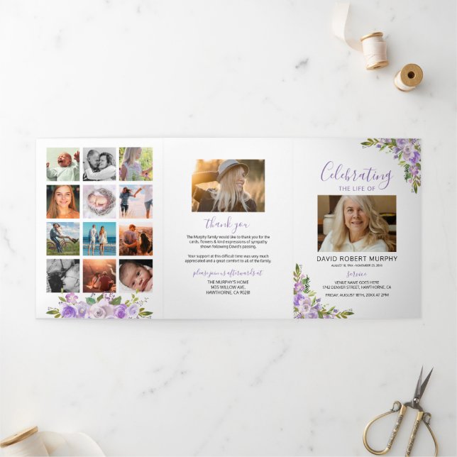 Convite Com Dobra Tripla Purple Floral Funeral Memorial (Fora)